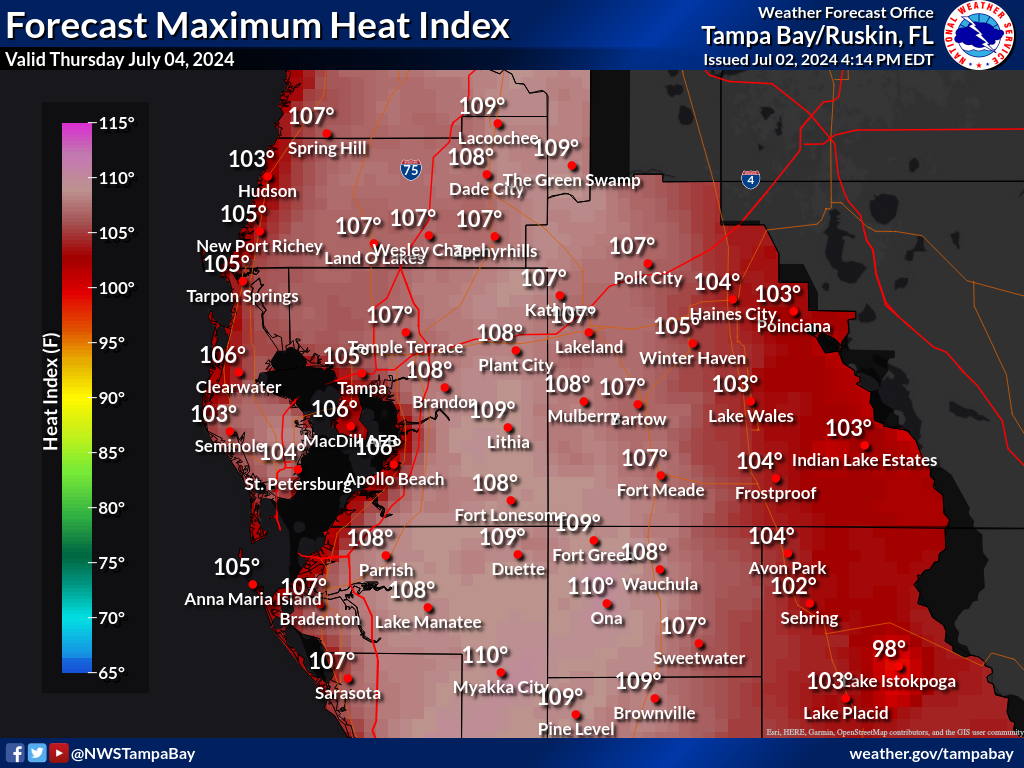 Maximum Heat Index for Day 2 across West Central Florida