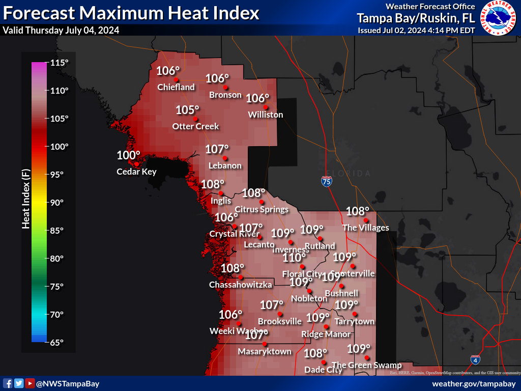 Maximum Heat Index for Day 2 across the Nature Coast