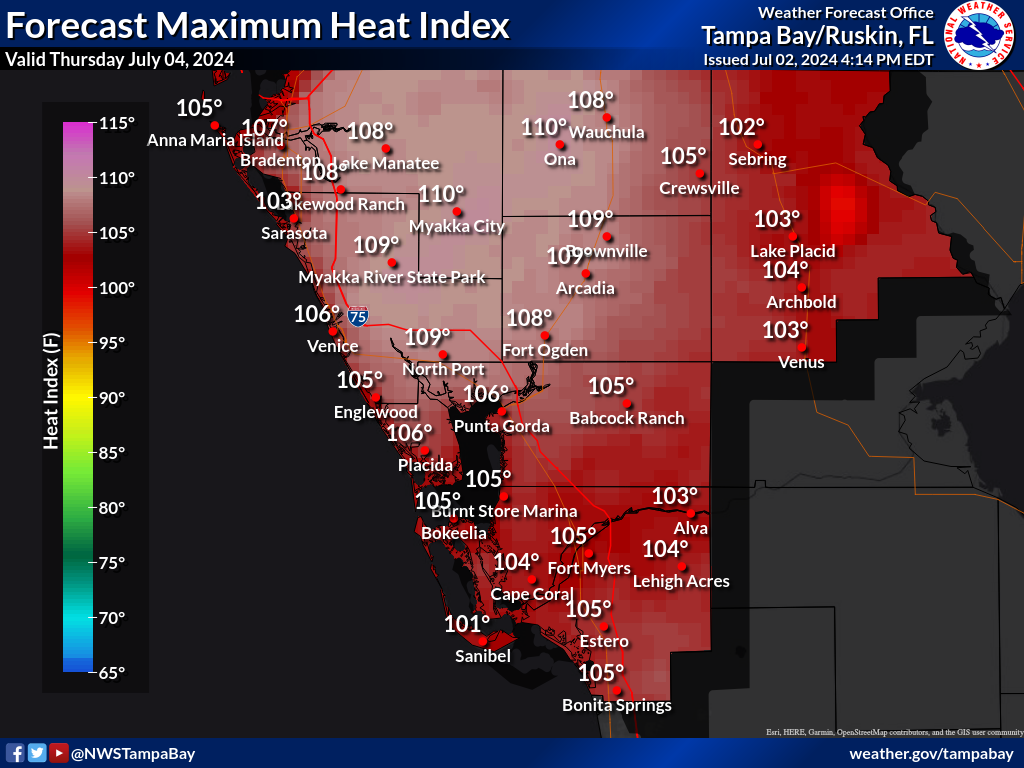 Maximum Heat Index for Day 2 across Southwest Florida