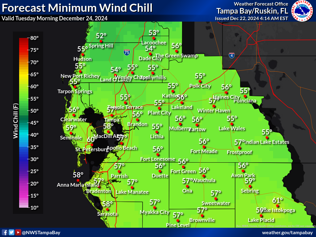 Minimum Wind Chill for Night 2 across West Central Florida