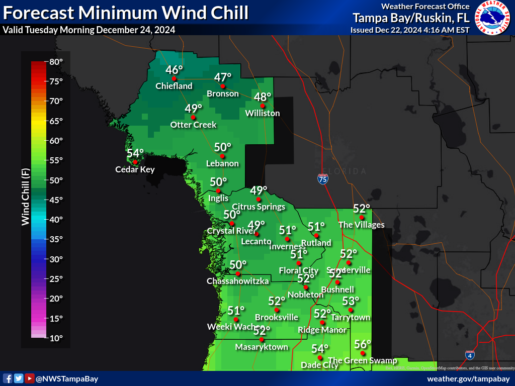 Minimum Wind Chill for Night 2 across the Nature Coast