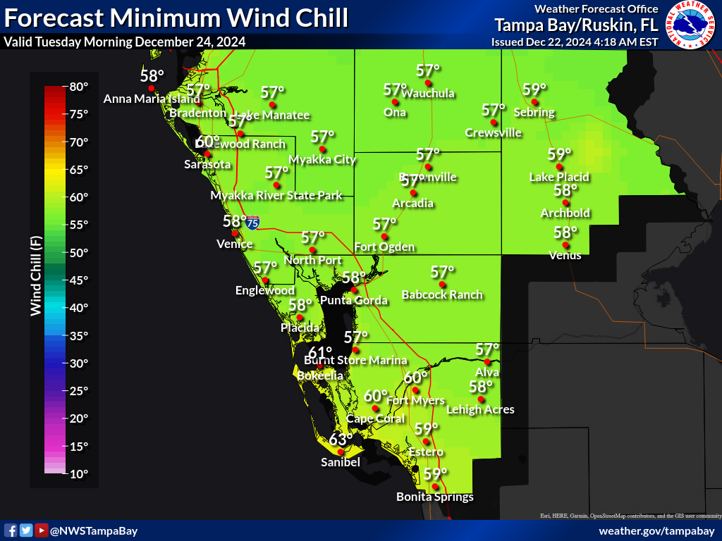 Minimum Wind Chill for Night 2 across Southwest Florida