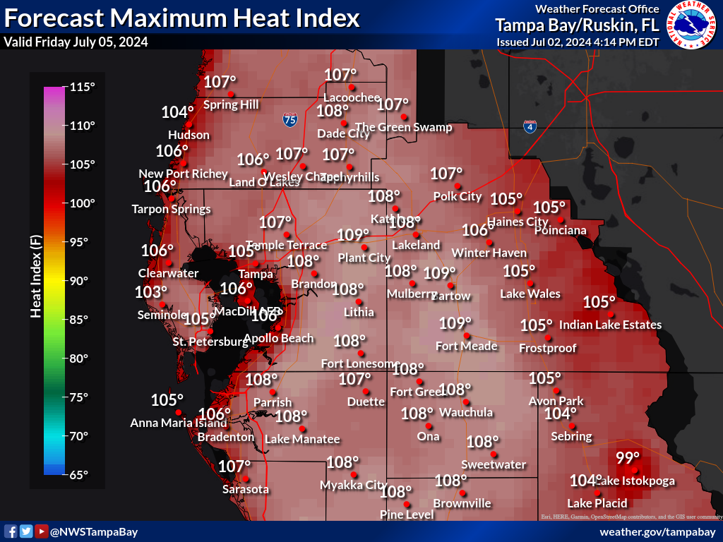 Maximum Heat Index for Day 3 across West Central Florida