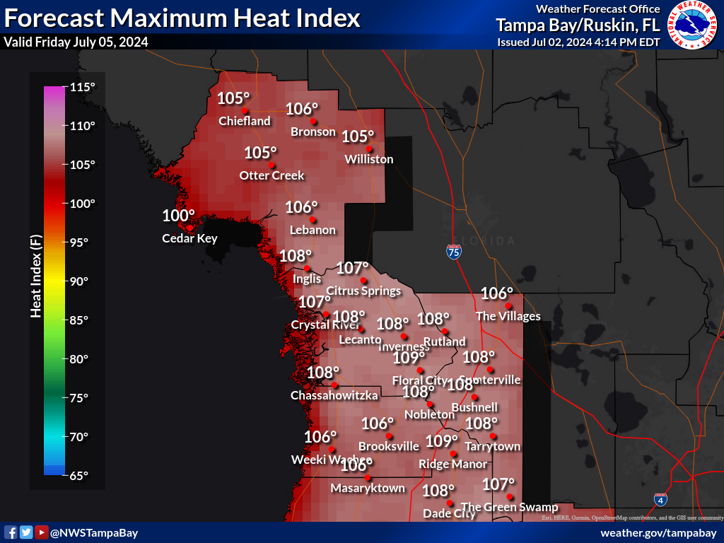 Maximum Heat Index for Day 3 across the Nature Coast