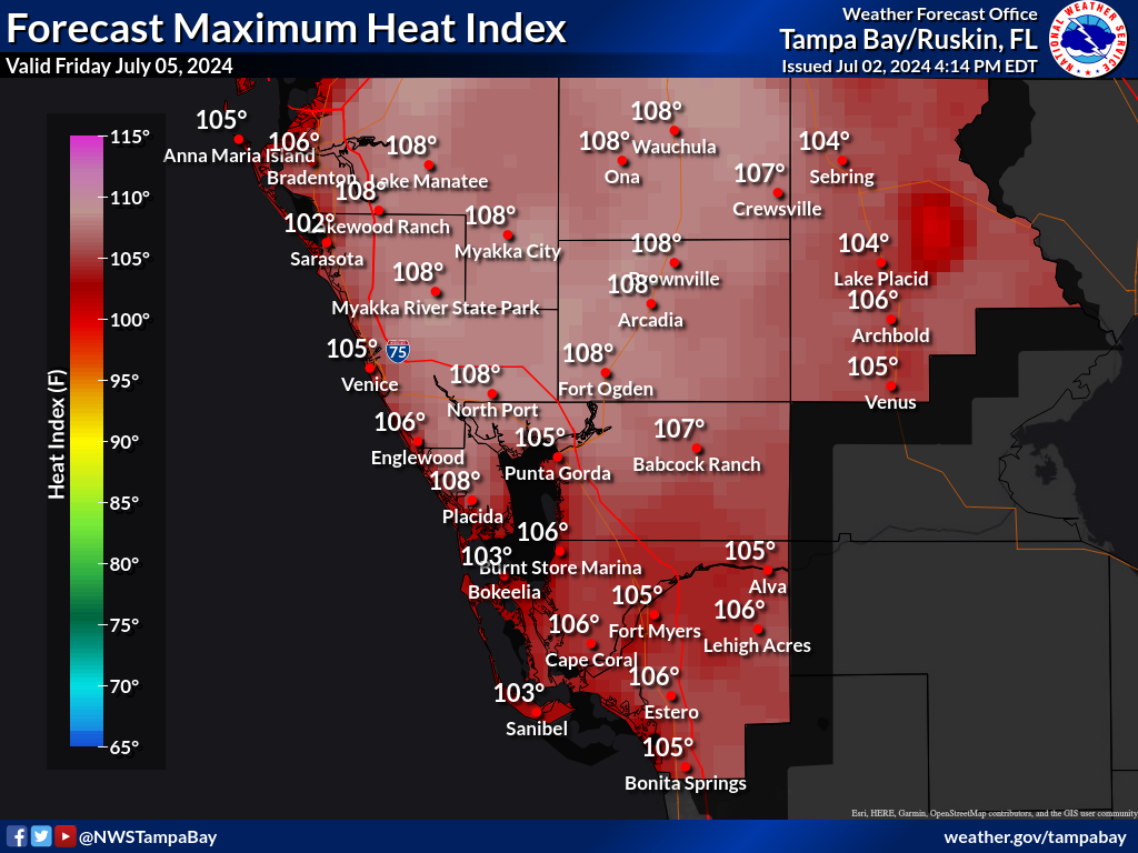 Maximum Heat Index for Day 3 across Southwest Florida
