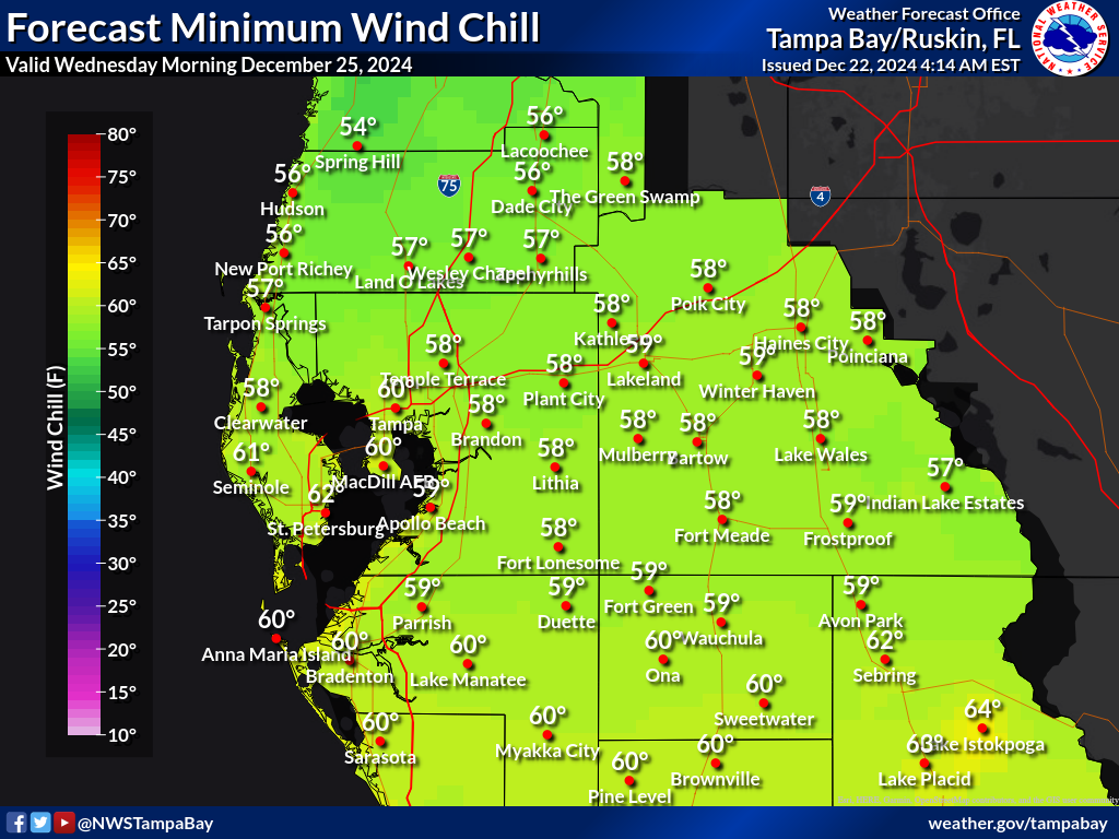 Minimum Wind Chill for Night 3 across West Central Florida