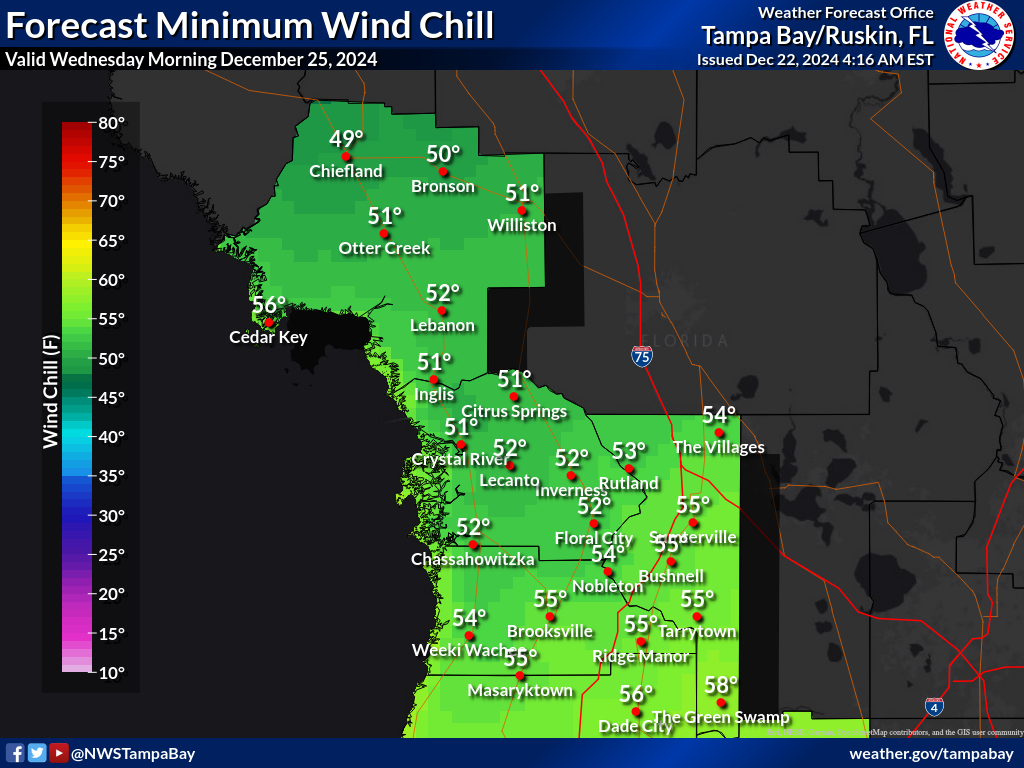 Minimum Wind Chill for Night 3 across the Nature Coast