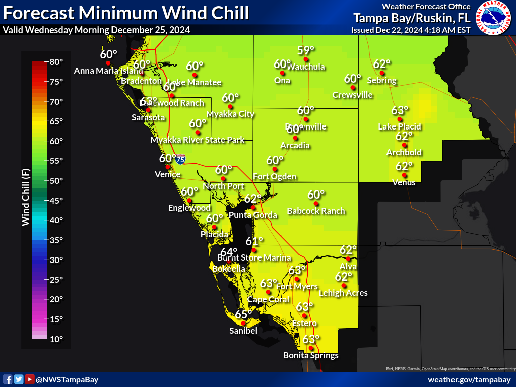 Minimum Wind Chill for Night 3 across Southwest Florida