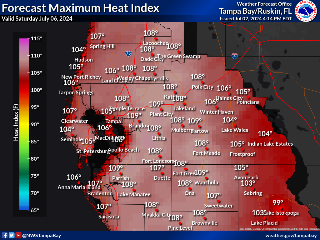 Maximum Heat Index for Day 4 across West Central Florida
