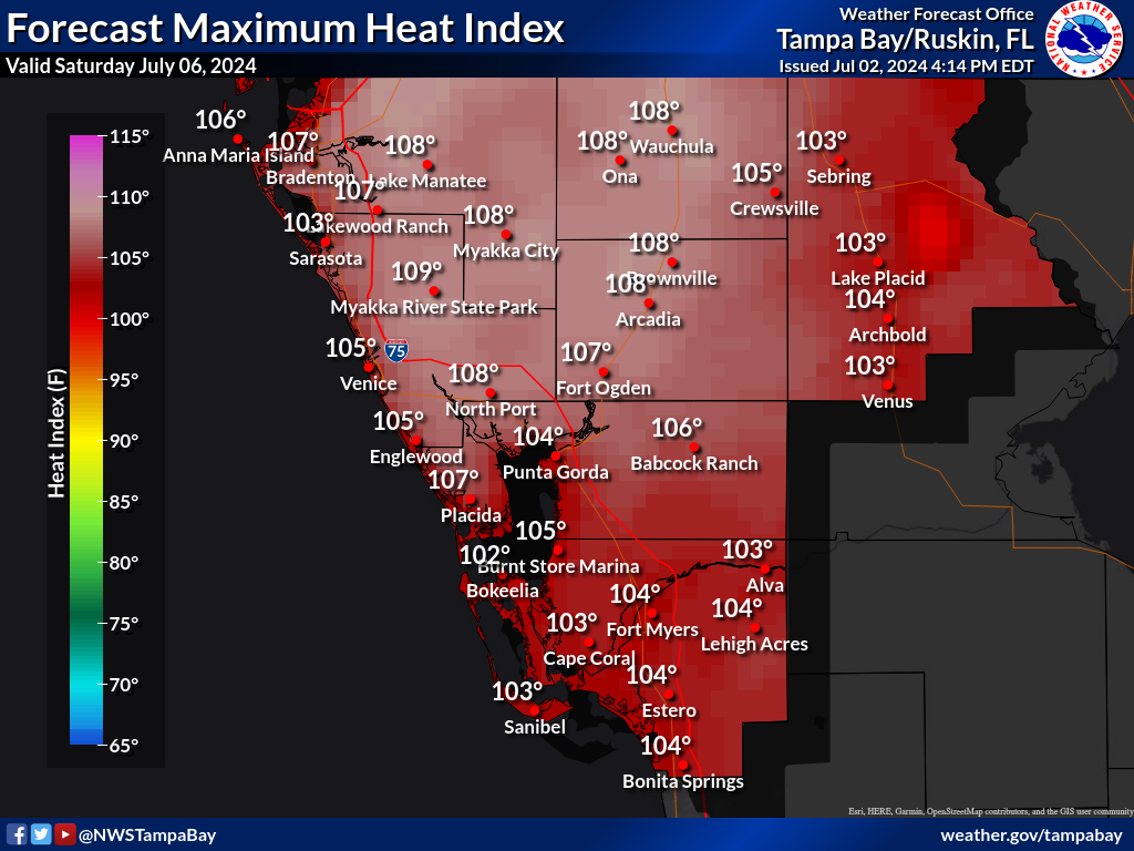 Maximum Heat Index for Day 4 across Southwest Florida