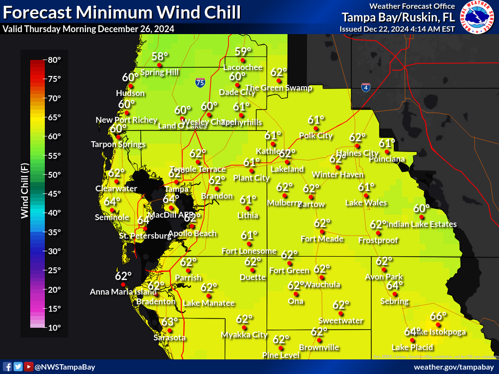 Minimum Wind Chill for Night 4 across West Central Florida