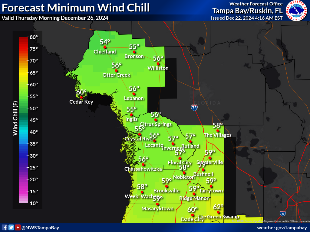 Minimum Wind Chill for Night 4 across the Nature Coast