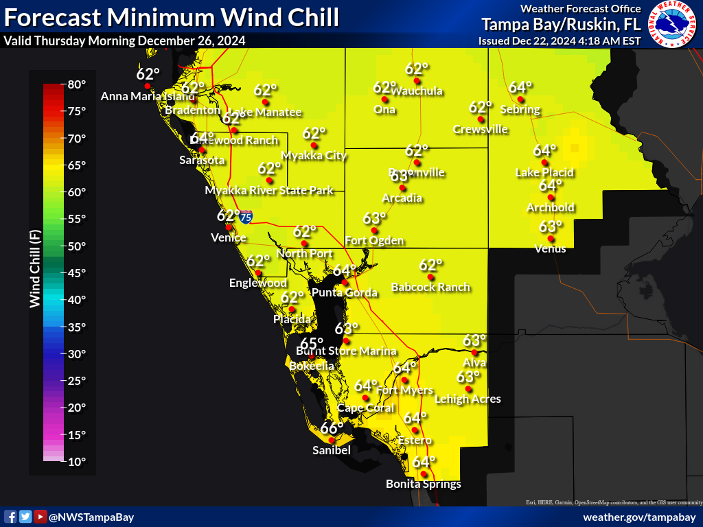 Minimum Wind Chill for Night 4 across Southwest Florida