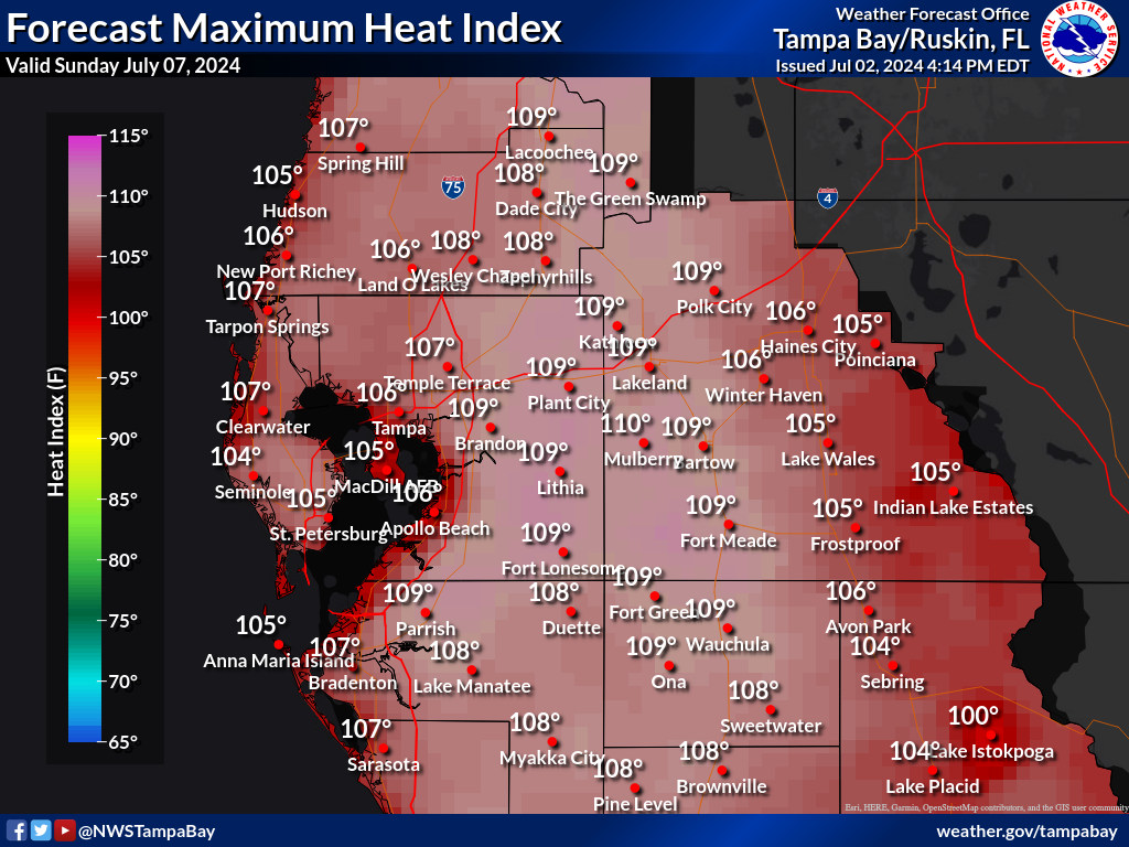 Maximum Heat Index for Day 5 across West Central Florida
