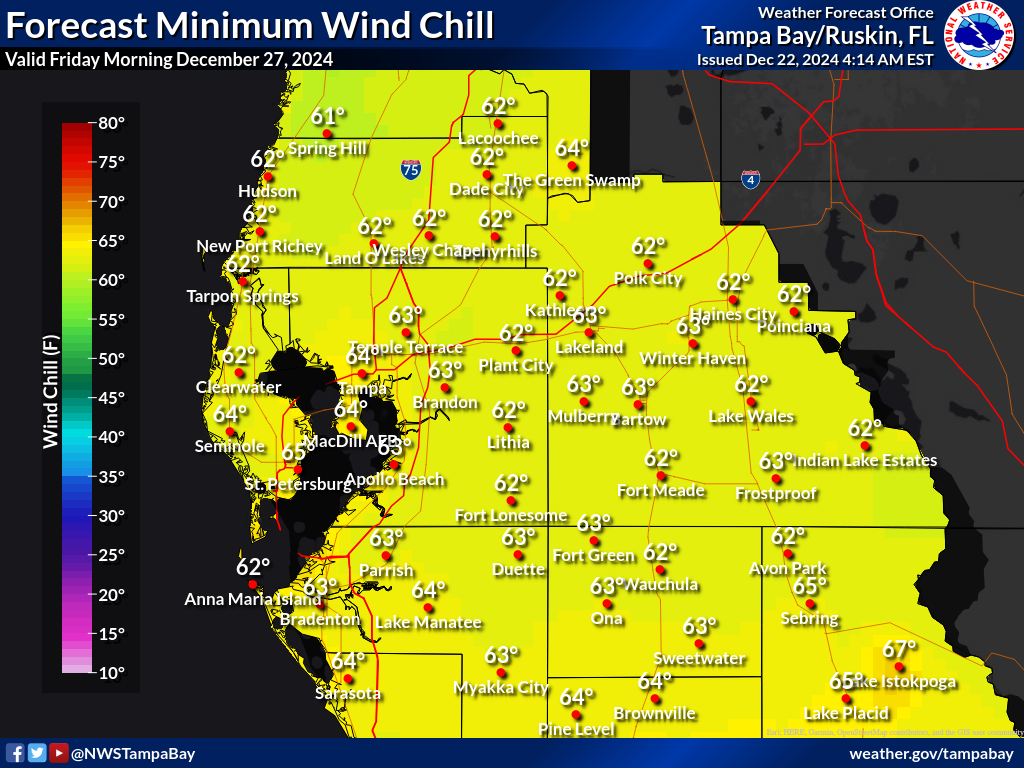 Minimum Wind Chill for Night 5 across West Central Florida