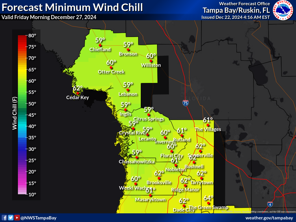 Minimum Wind Chill for Night 5 across the Nature Coast