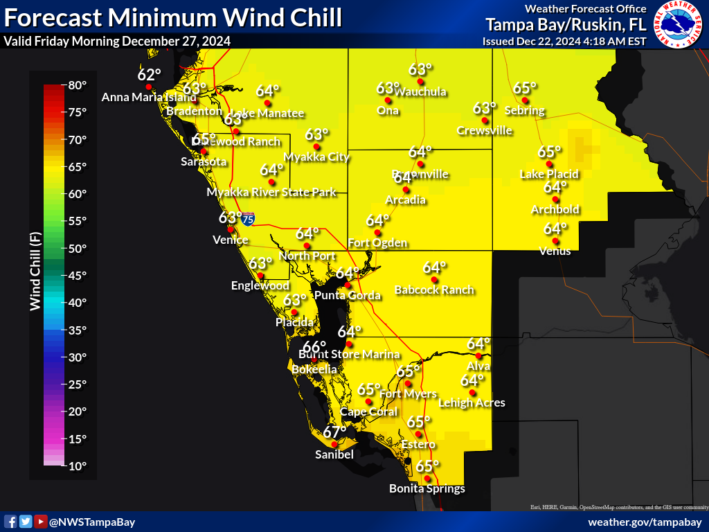 Minimum Wind Chill for Night 5 across Southwest Florida