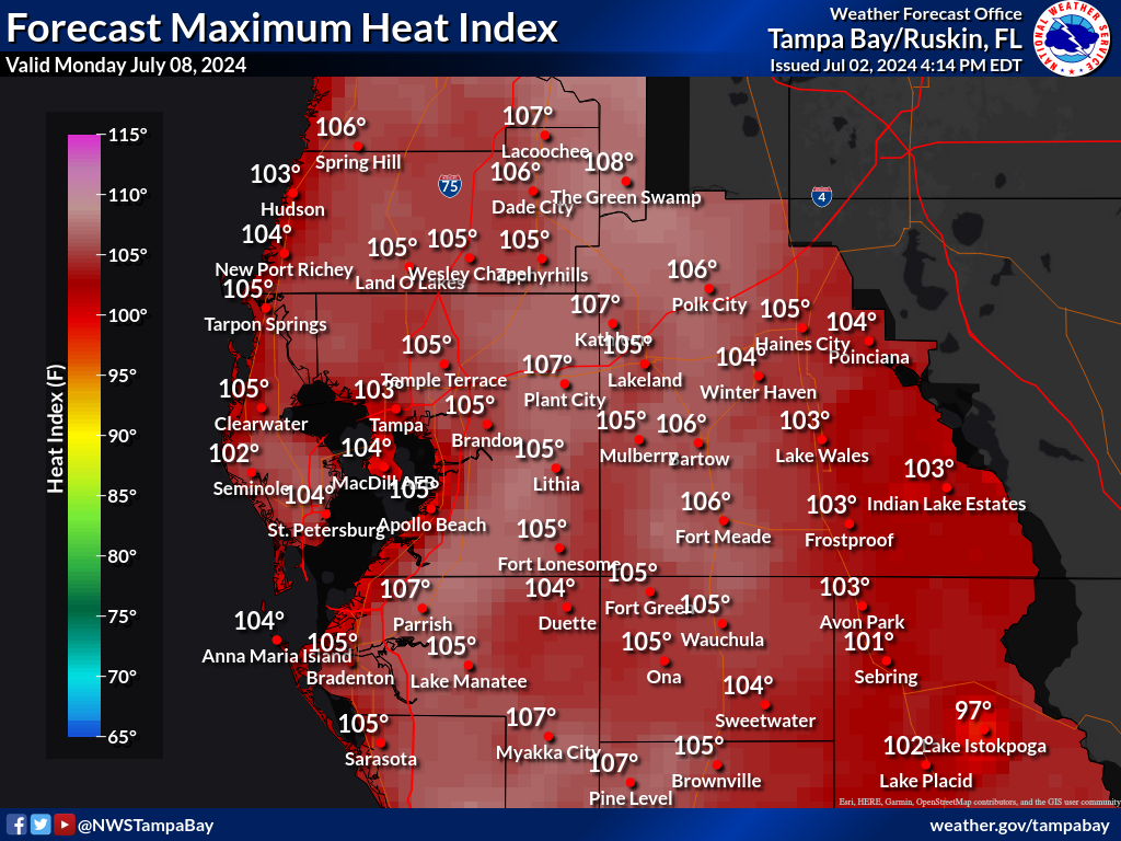 Maximum Heat Index for Day 6 across West Central Florida