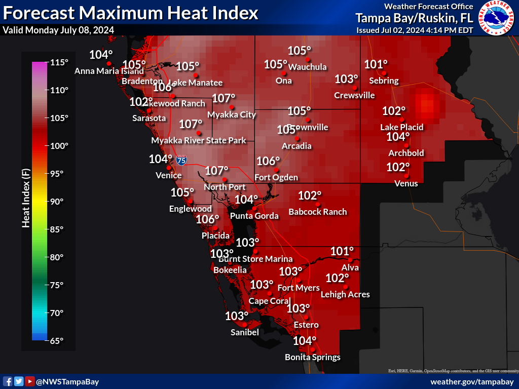 Maximum Heat Index for Day 6 across Southwest Florida