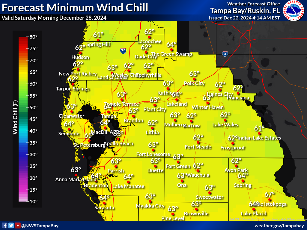 Minimum Wind Chill for Night 6 across West Central Florida