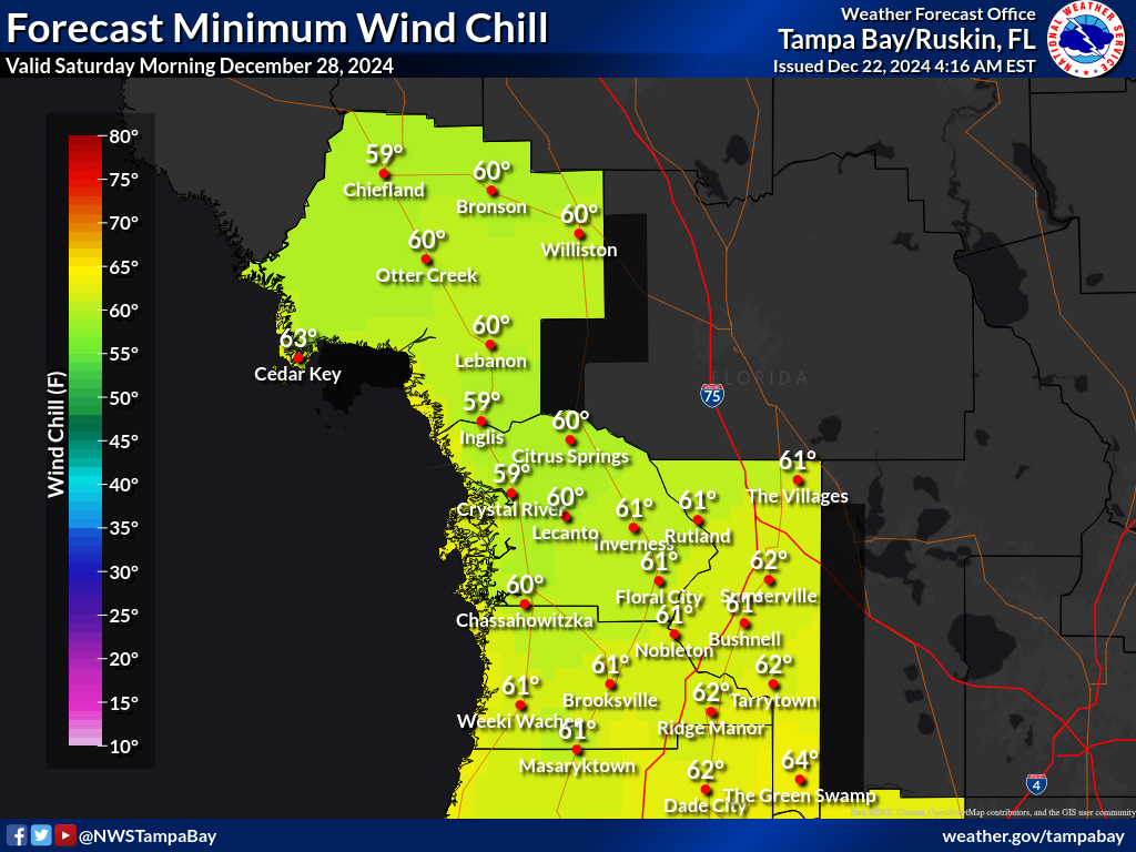 Minimum Wind Chill for Night 6 across the Nature Coast