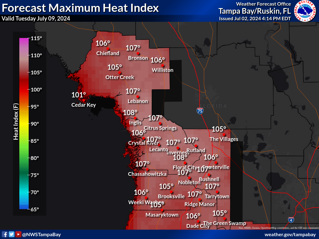 Maximum Heat Index for Day 7 across the Nature Coast