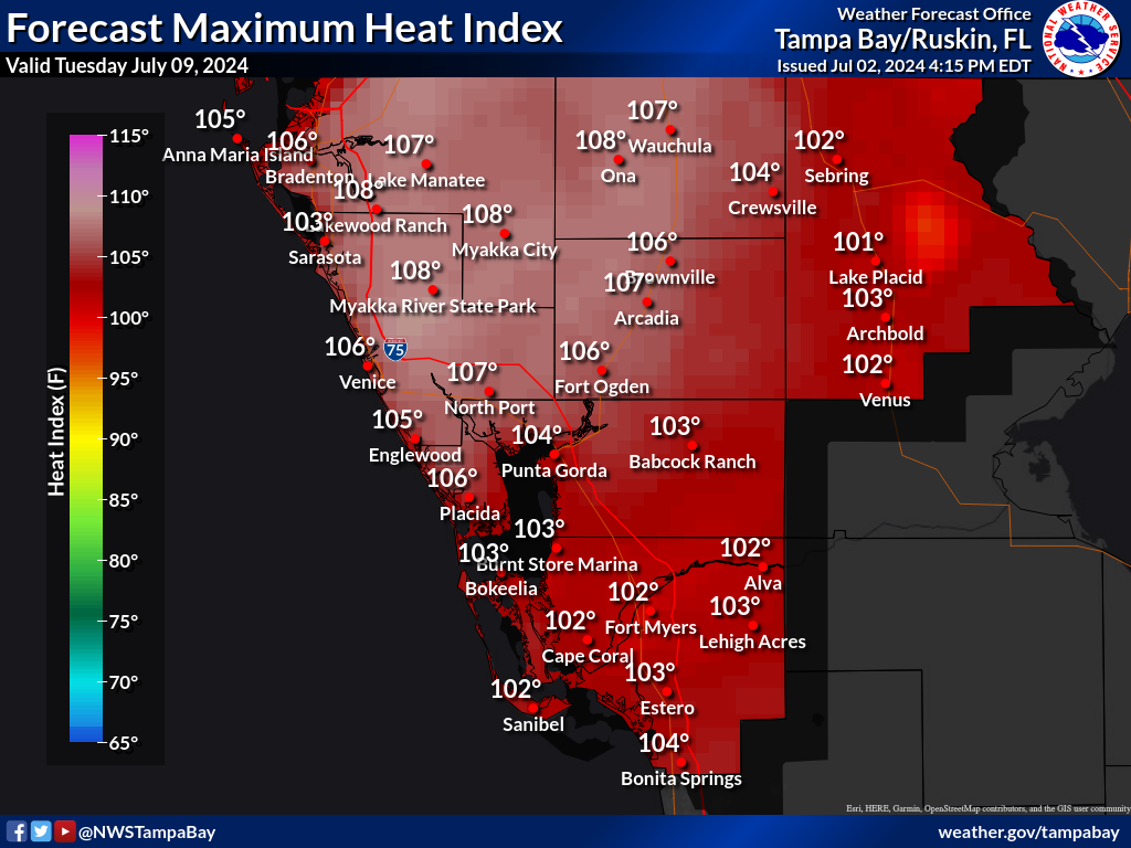 Maximum Heat Index for Day 7 across Southwest Florida