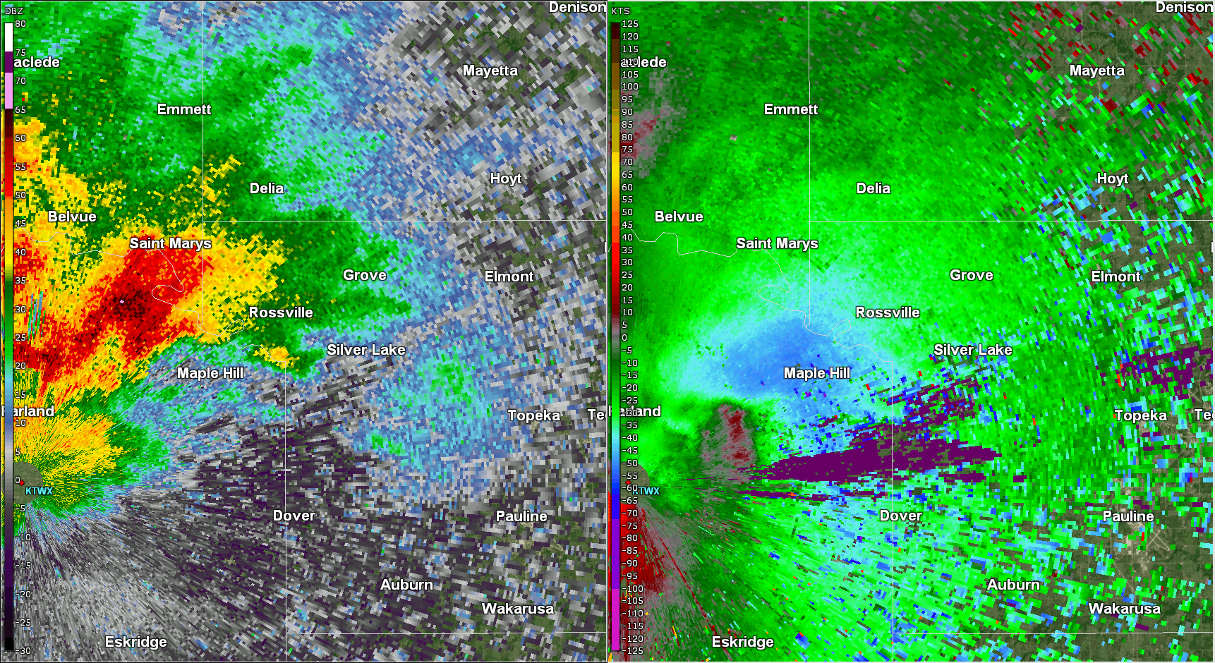 Radar reflectivity and storm relative velocity for the storm in northwest Shawnee and southern Jackson Counties