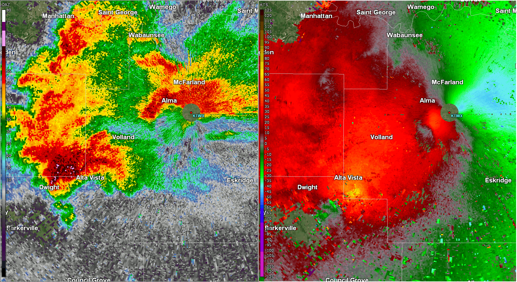 Radar reflectivity and storm relative velocity for the storm in western Wabaunsee County