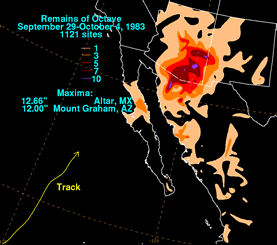 Image of rainfall produced by Tropical Storm Octave across the southwest United States
