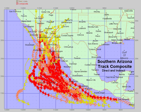 Composite map of tropical storms that had a direct or indirect impact on Arizona.