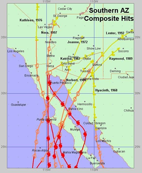A map showing tracks of tropical weather system that hit Arizona since 1965.