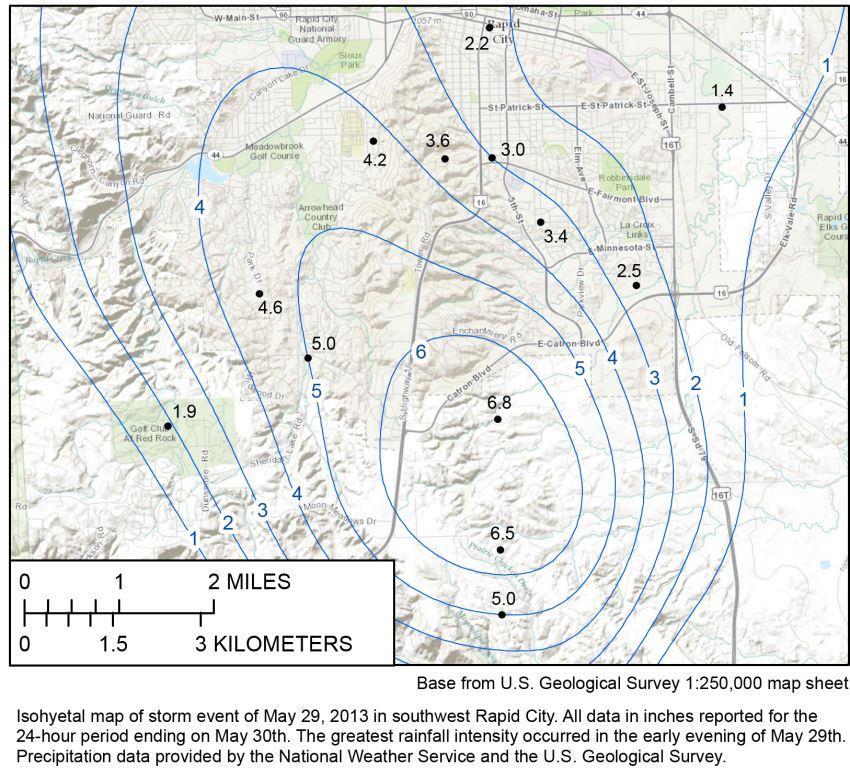 Isohyetal map of May 29, 2013 rainfall in southwest Rapid City