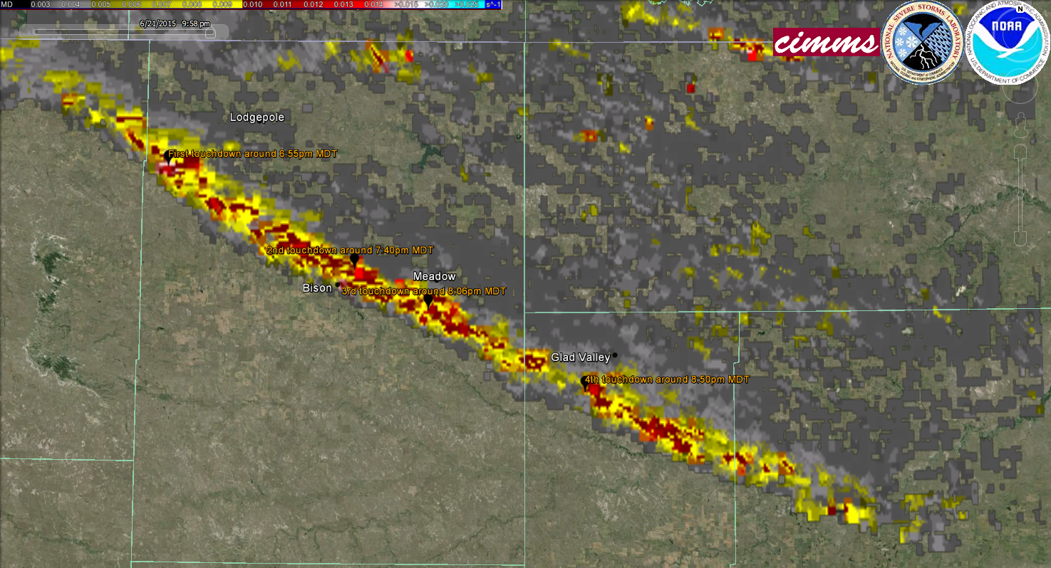 Tornado track as approximated by Doppler radar derived rotation