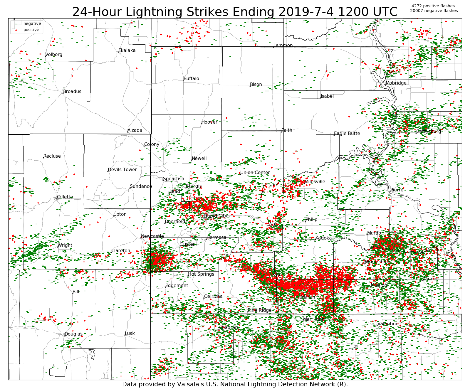 24-h CG lightning ending 6 am July 4th, 2019