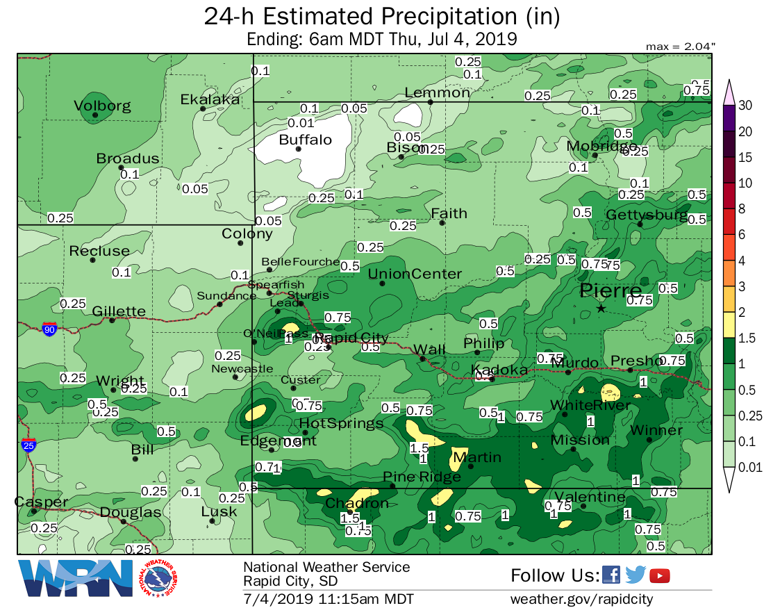 24-hour estimated rainfall ending 6 am July 4, 2019