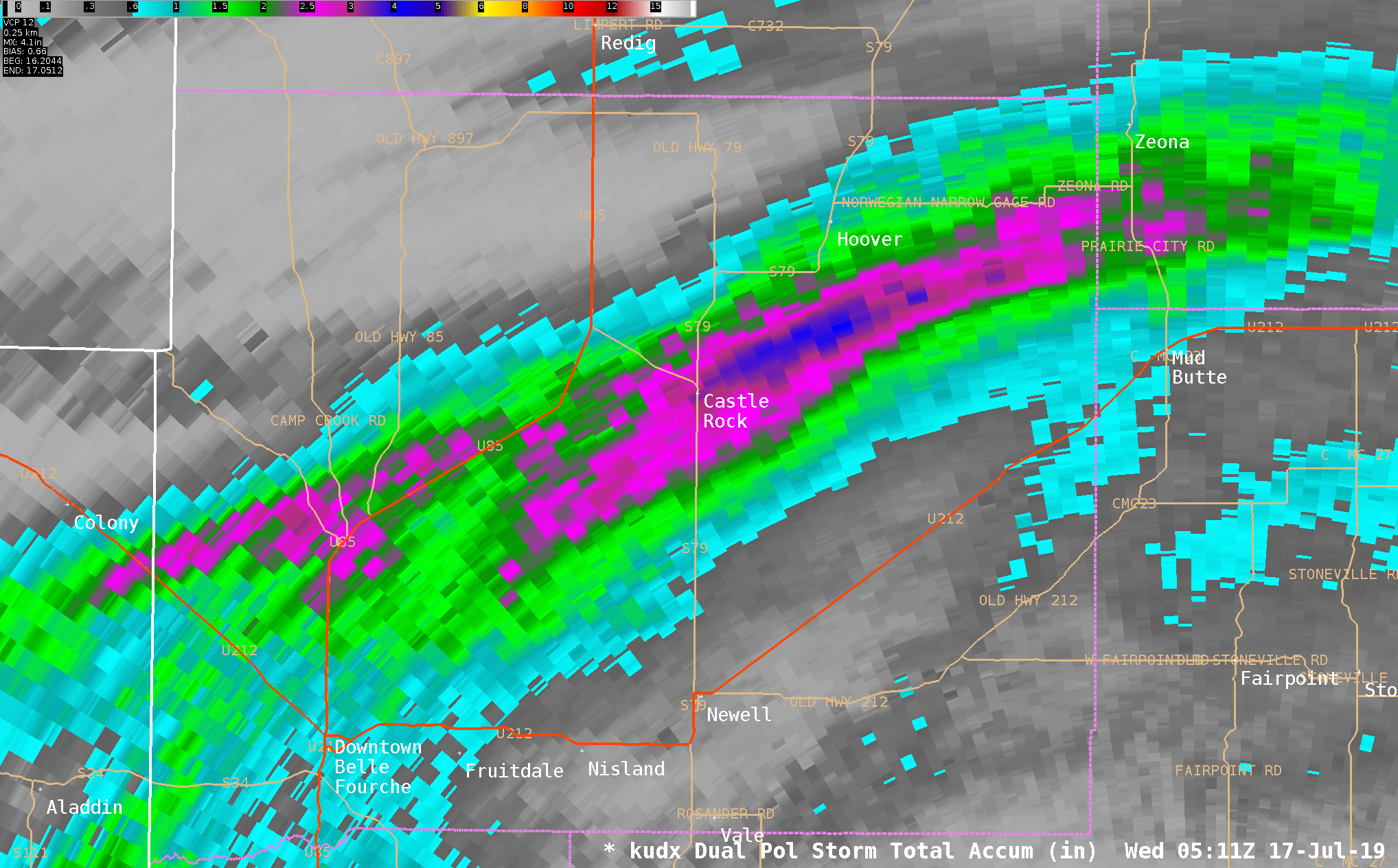 Radar estimated rainfall from 2:44 to 11:12 pm MDT on July 16th, 2019