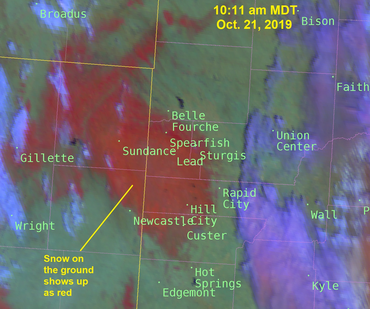 Satellite image of snow on ground