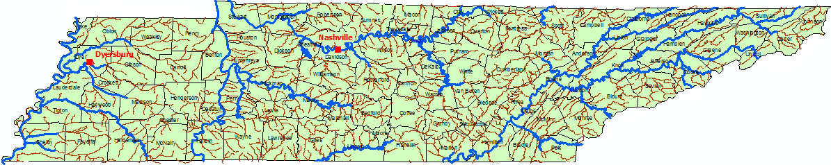 map of Tennessee High Water sites, see table below for text list