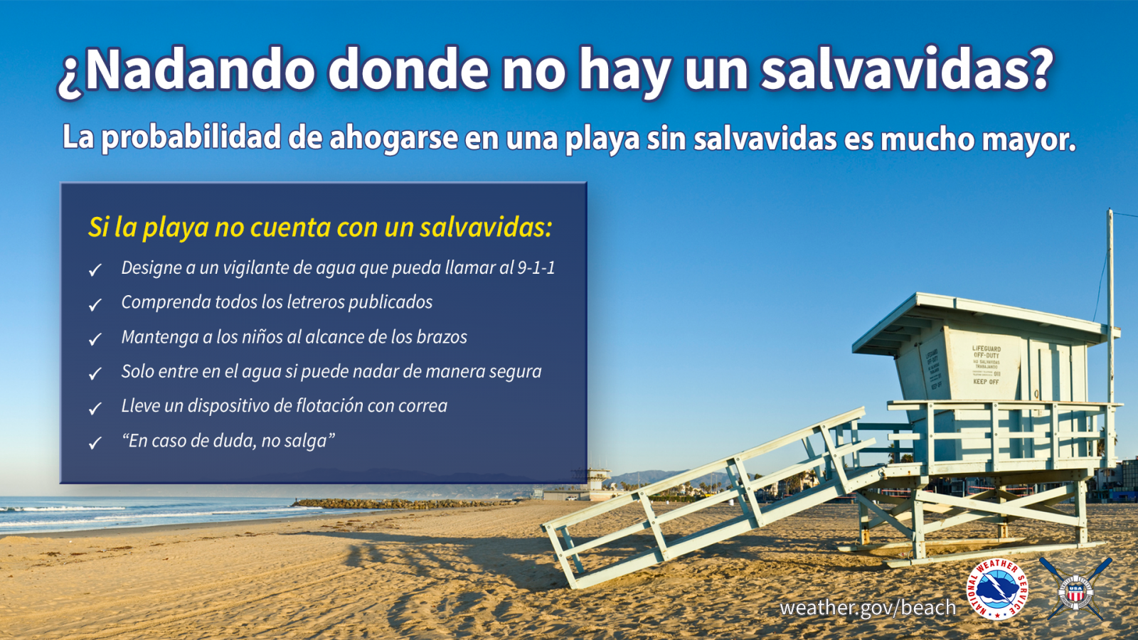 Este gráfico muestra una playa con un puesto de vigilancia de salvavidas desocupado. ¿Está nadando donde no hay un salvavidas? La probabilidad de ahogamiento en una playa sin un salvavidas es cinco veces mayor. Si la playa no cuenta con un salvavidas: acate las instrucciones de los letreros/carteles; entre al agua sólo si puede garantizar que puede nadar de manera segura.; nunca nade solo; mantenga a los niños a la vista y al alcance de la mano; tenga un teléfono cerca para poder llamar al 9-1-1; “si no está seguro, no entre al mar.