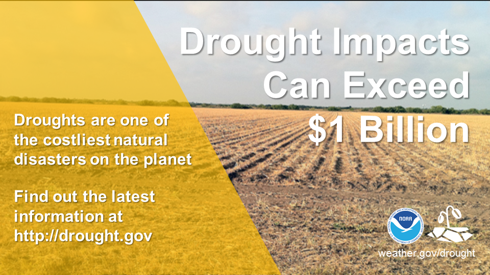 Drought Impacts Can Exceed $1 Billion.  Droughts are one of the costliest natural disasters on the planet.  Find out the latest information at http://drought.gov